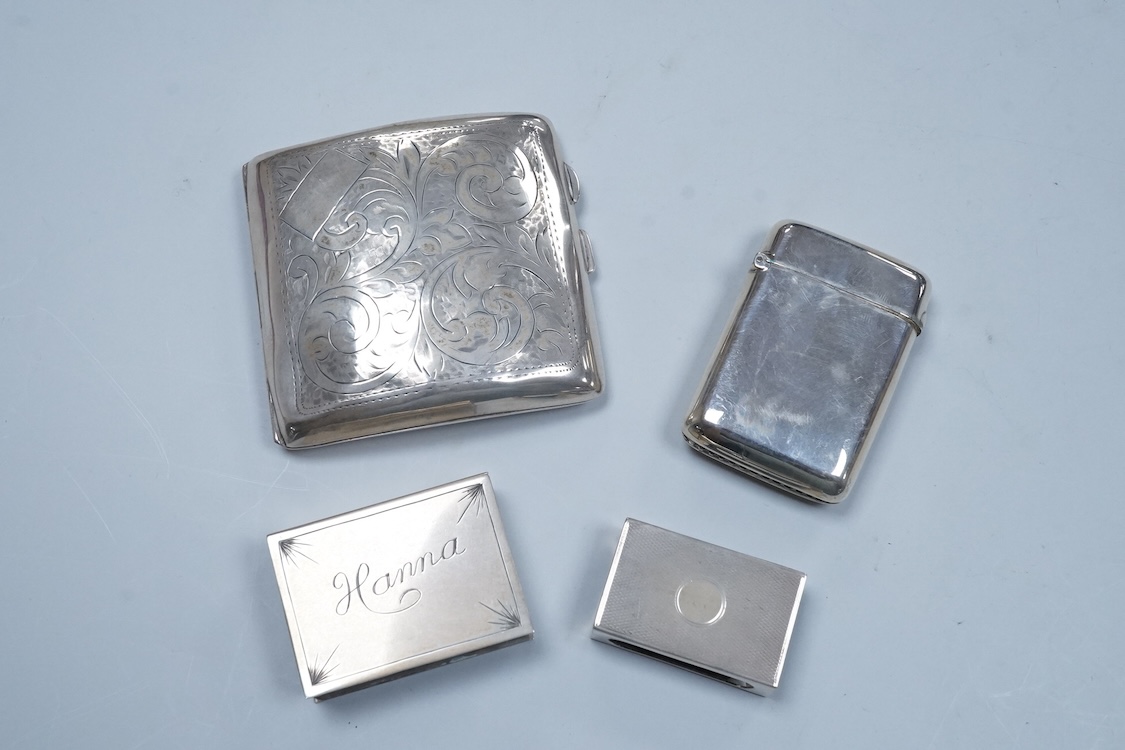 Two North American Edward I. Farmer of New York engraved sterling matchbox slides, one mounted with a jadeite carving, the other with polychrome enamelled surmount, both approximately 60mm.